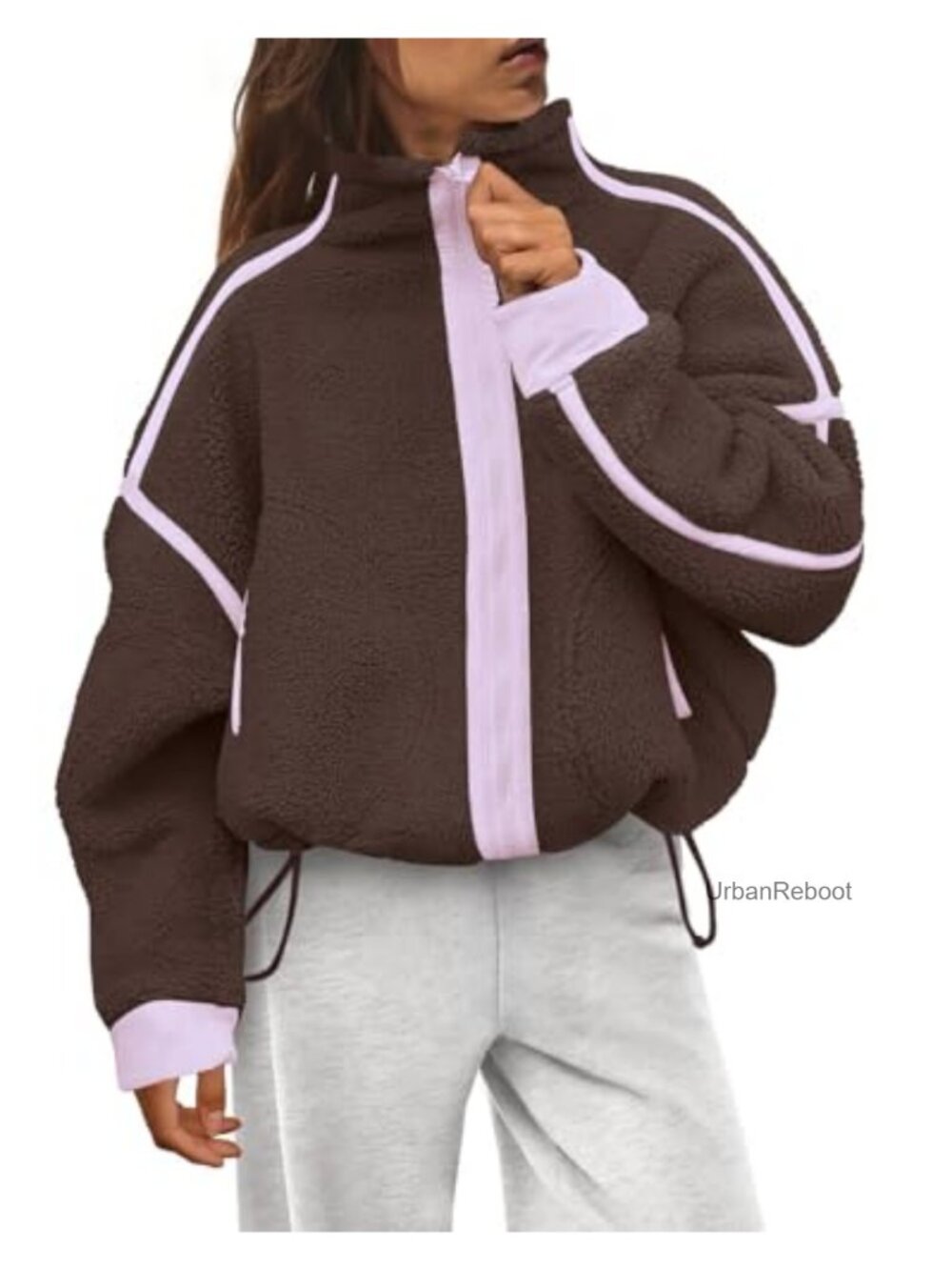 Sherpa Fleece Zip Up Jacket Stand Collar Drawstring Hem Oversized